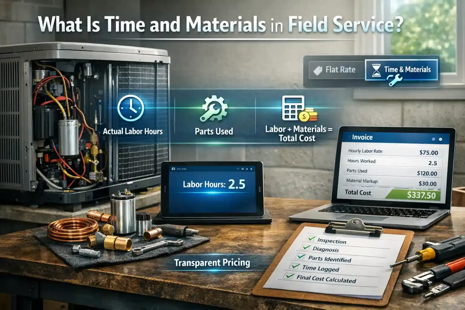 HVAC unit with tablet showing time and materials pricing breakdown